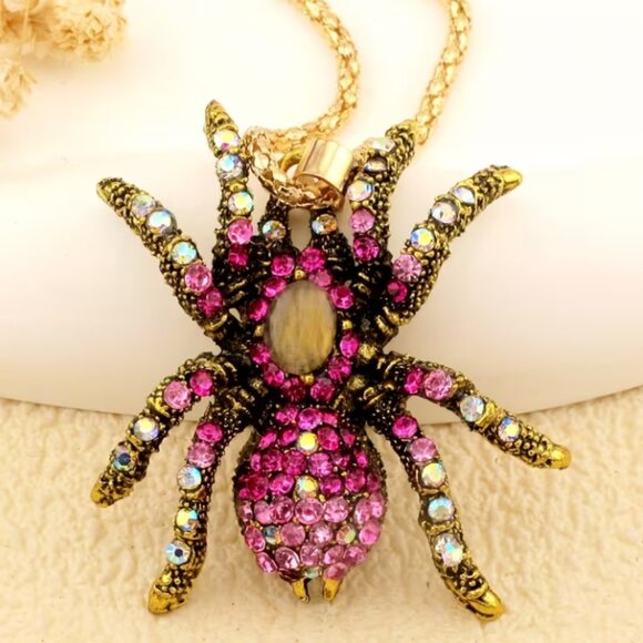 Jewelry - Vintage inspired Pink Crystal Spider Fashion Pendant Necklace